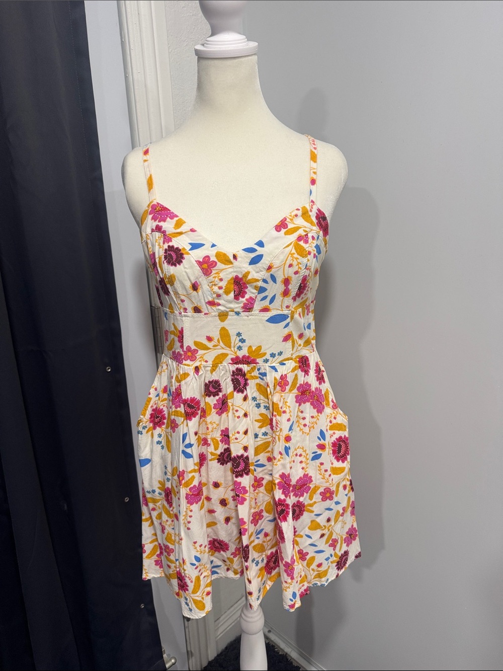Express White Floral Spaghetti-Strap Sundress with Pink, Yellow & Blue Print